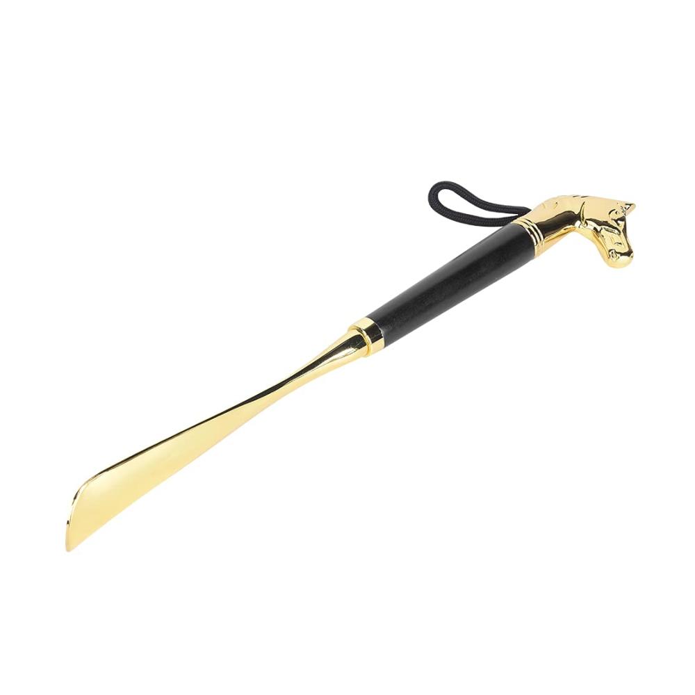Exquisites Schuhlöffel Werkzeug mit Vergoldetem Pferdekopf aus legiertem Stahl - Perfektes Geschenk für Frauen - Importierte Birke - 32CM - Schwarz mit Blauem Akzent
