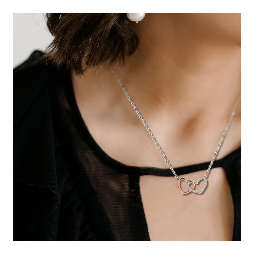 Damen Halskette mit Doppelherz Anhänger - 925er Sterling Silber Schmuck Zirkonia Verzierungen 40-45 cm verstellbare Kettenlänge ideales Muttertagsgeschenk