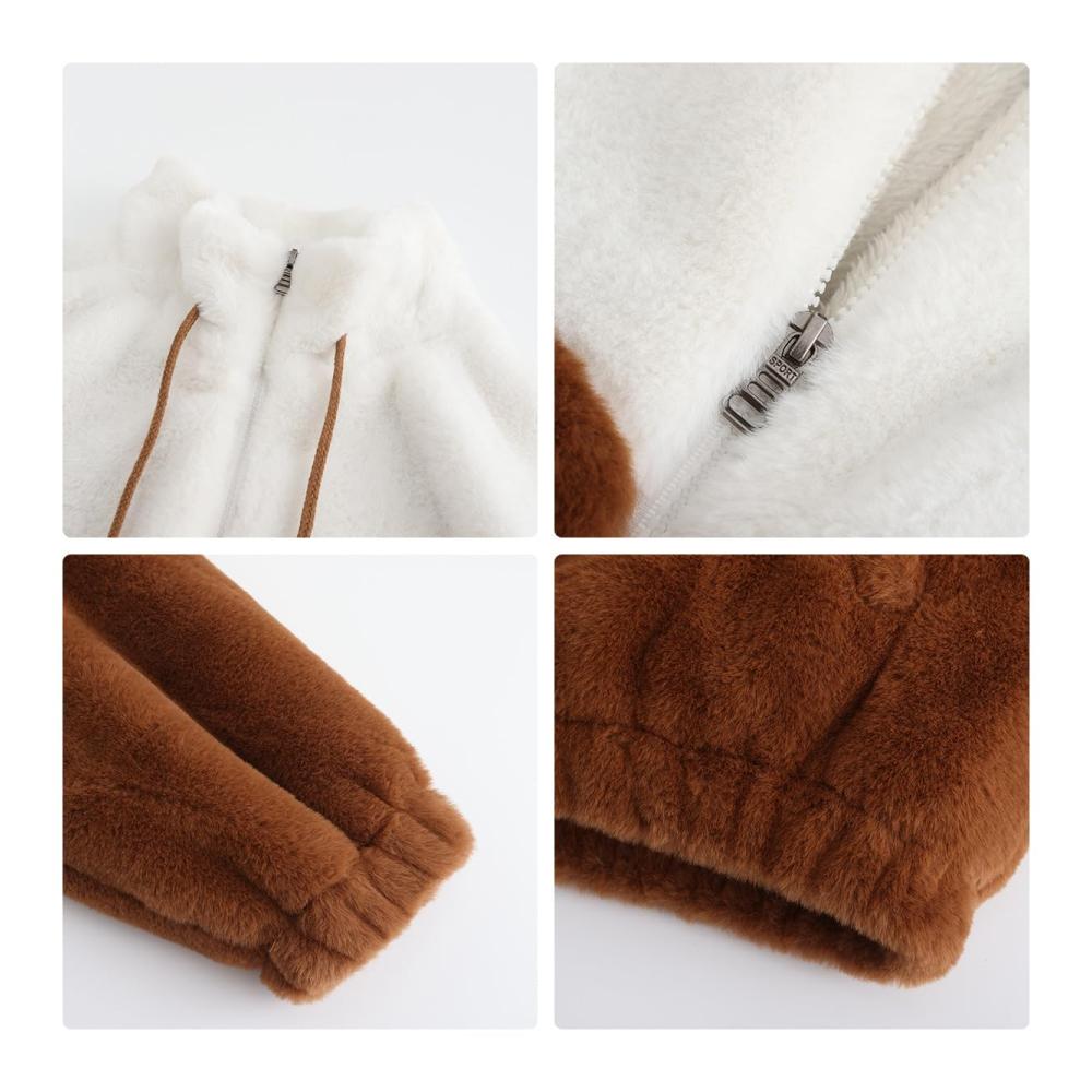 Damen Fleecejacke mit Kunstpelz Verdickt und Warm Langarm Reißverschluss Hoher Kragen Herbst/Winter Pelzige Kurzjacke Doppeltes Patchwork in Trendigen Farben