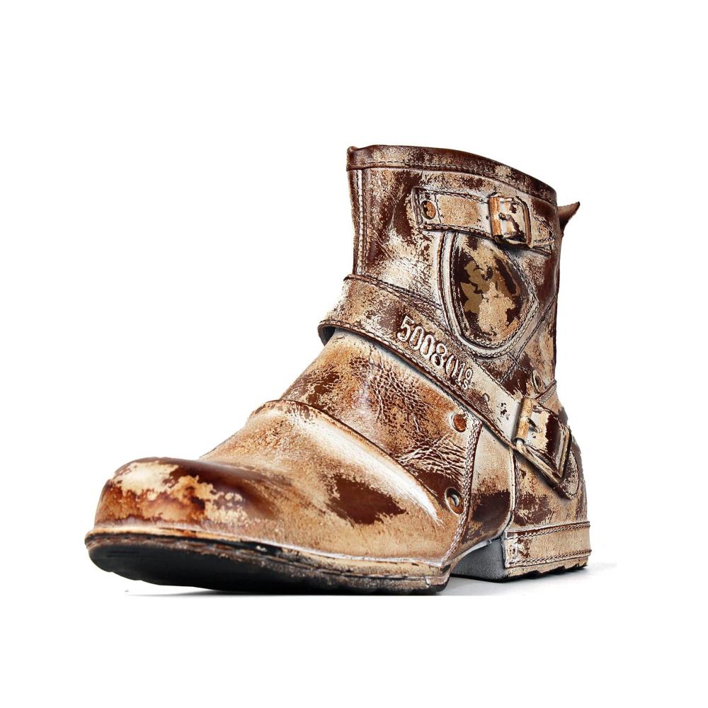 Herren Biker Boots aus Rindsleder mit Gummisohle und Reißverschluss - Stilvolle Lederstiefel OS-5008-1-Caramel