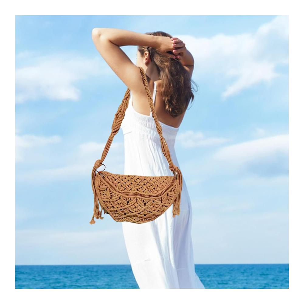 Bohemian Häkeltasche mit Quasten | Handgewebte Schultertasche für Reisen und Strand | Geldbörse für Bohemian-Style | Böhmische Häkeltasche