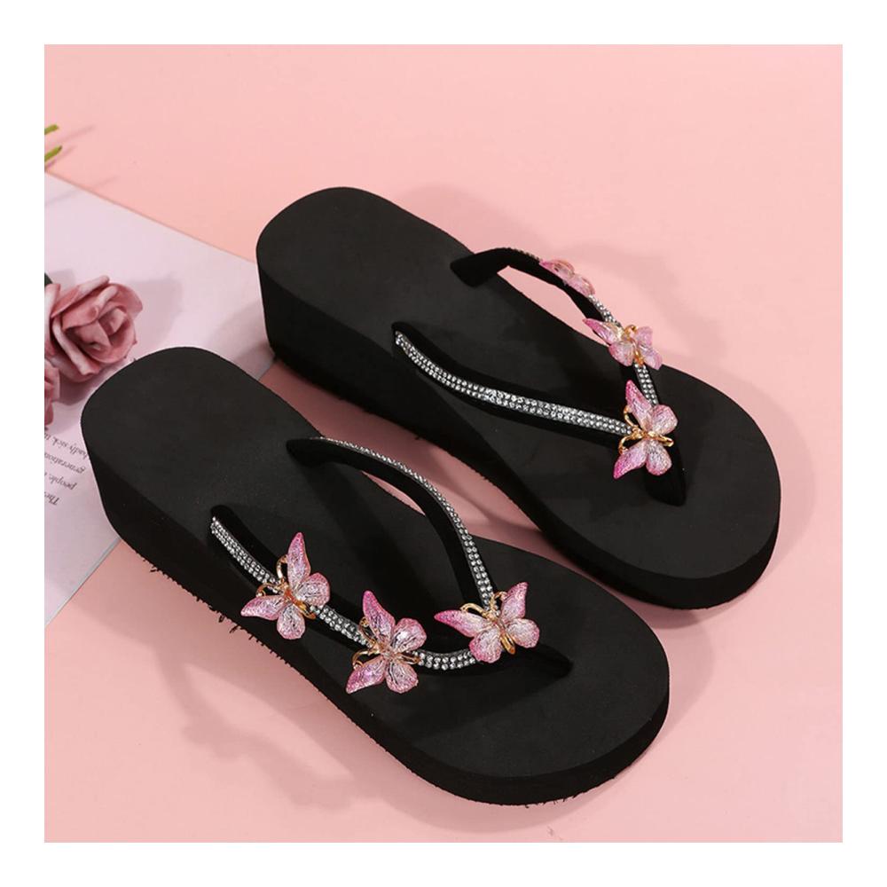 Schmetterlings-Strass-Flip-Flops für Damen mit Keilabsatz - Bequeme Zehentrenner und dicke Strandsohle