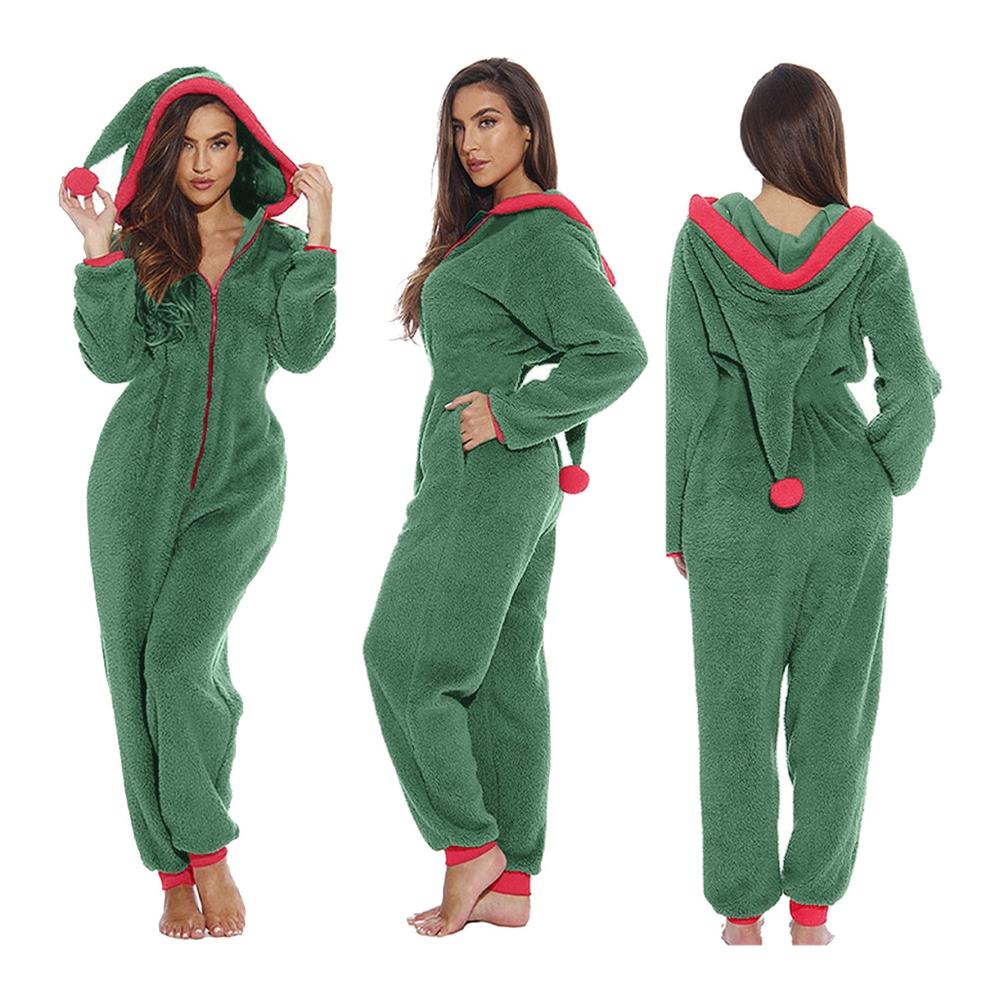Bademantel Damen – Langärmliger Pyjama mit Kapuze Reißverschluss und Taschen – Patchwork-Design – Gemütlicher Onesie Overall – Kapuzenbademantel für Frauen