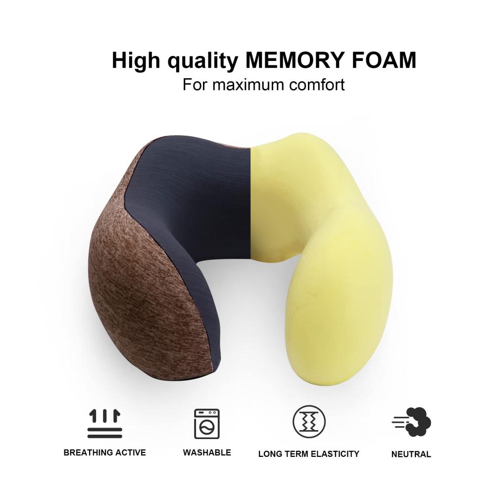 Braunes Memory Foam Reisekissen mit Aufbewahrung Augenmaske & Ohrstöpseln - Ideales Nackenkissen für Flugzeug Bus Bahn & Camping