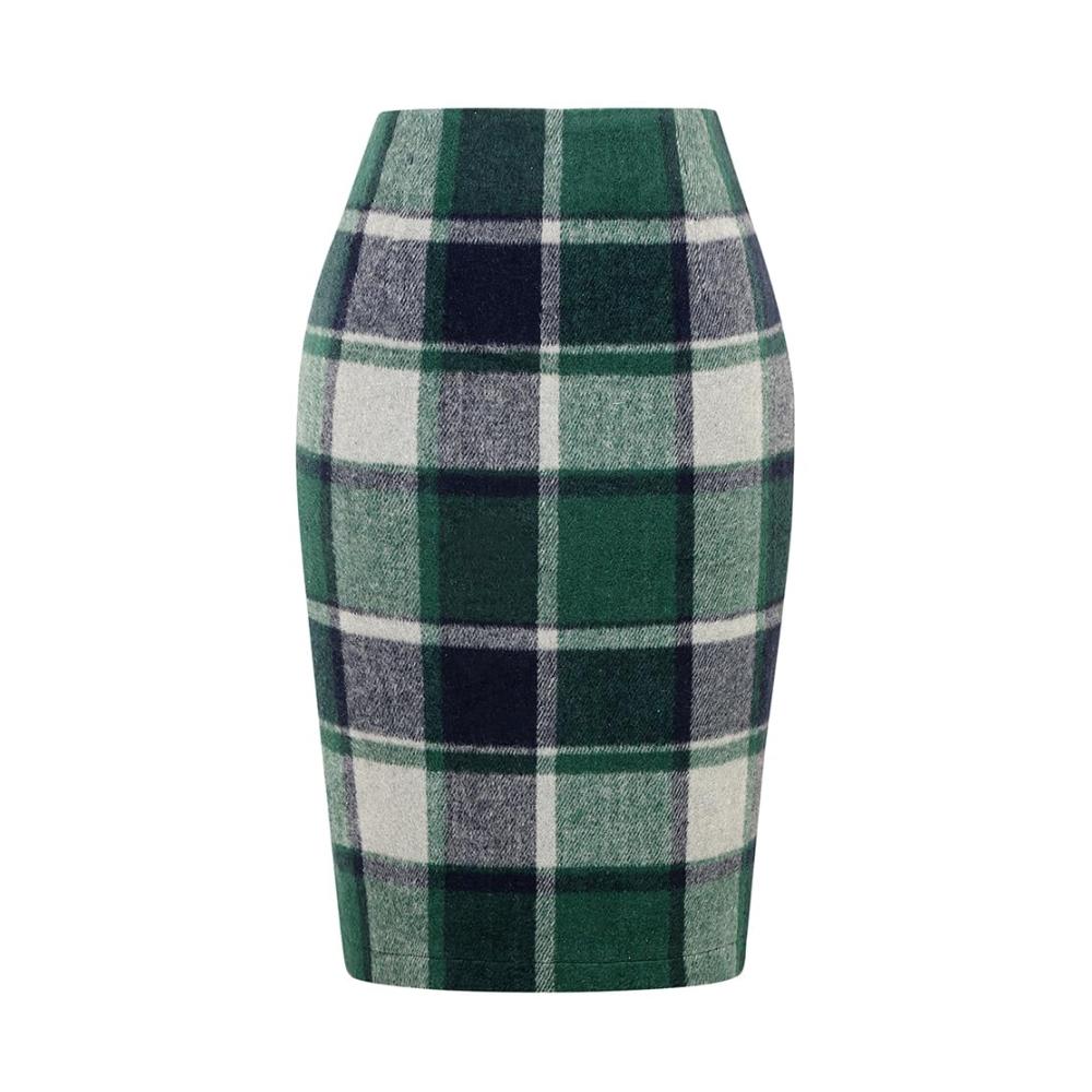 Kariertes Wolle Damen Bleistiftrock - Herbst/Winter Hohe Taille Schlitz Figurbetont Knielang Midirock