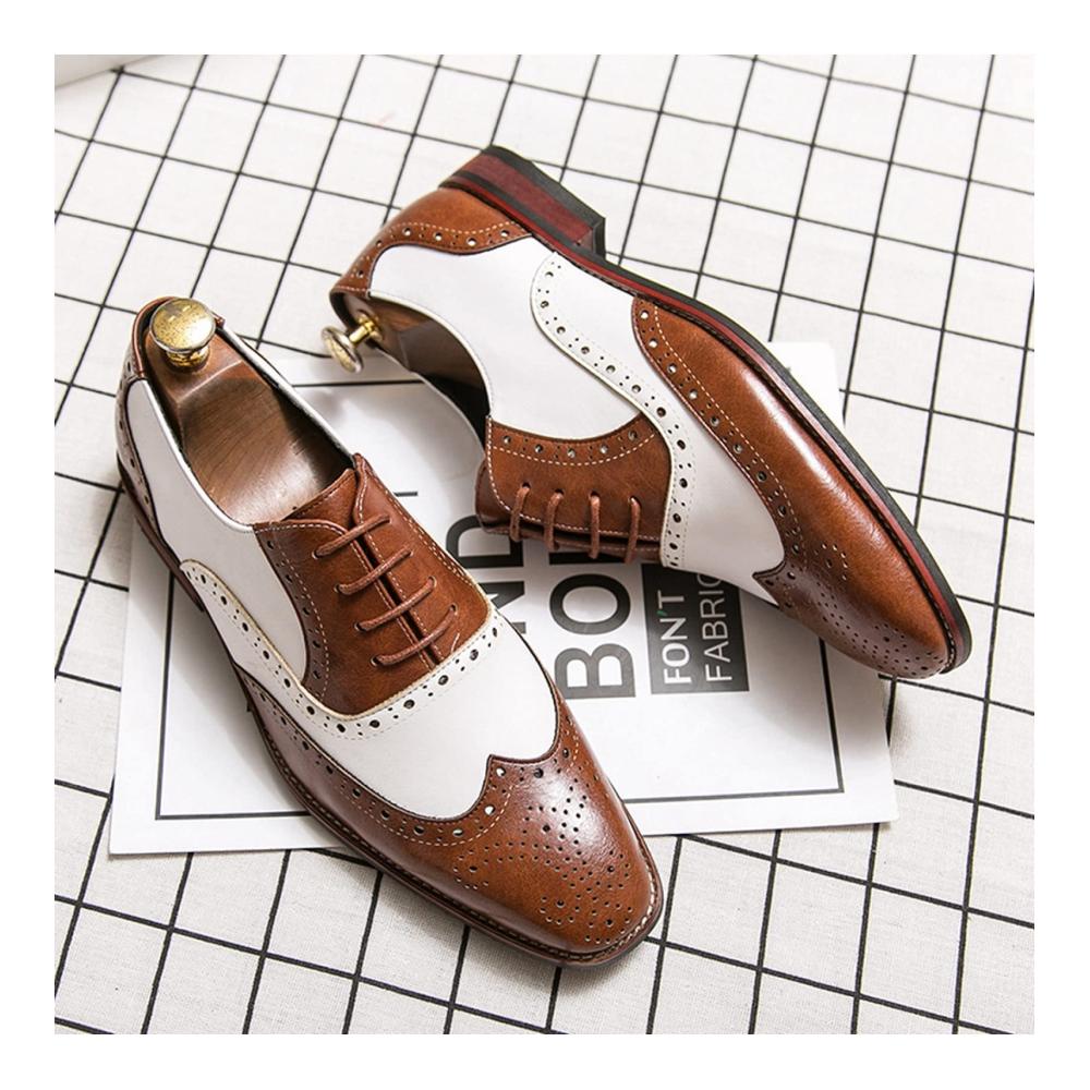 Oxford Herren Schnürhalbschuhe Elegante Brogue Patchwork Lederschuhe mit Atmungsaktivität Niedriger Schnürung für formelle Anlässe
