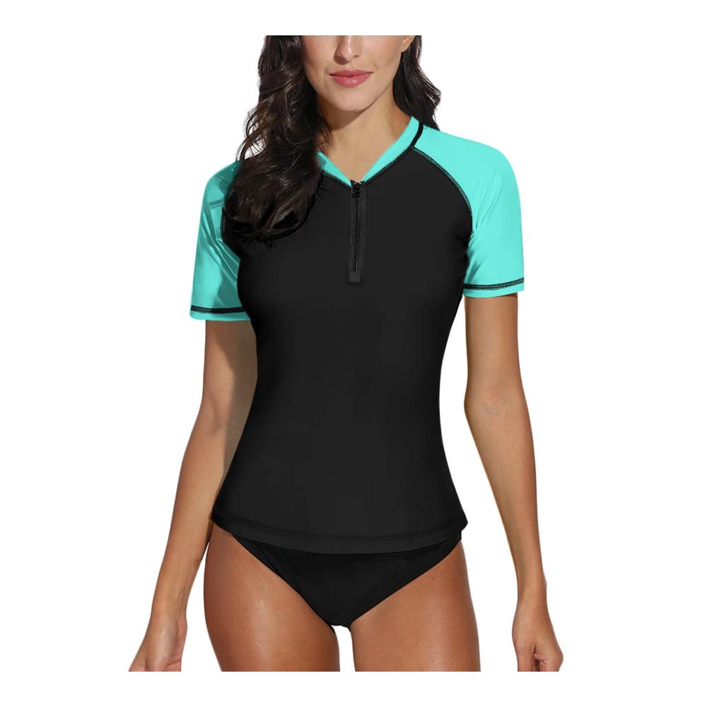 Damen Kurzarm Badeanzug Schnelltrocknendes Rash Guard mit 1/4 Zip UV-Schutz ideal fürs Surfen (S-XXL