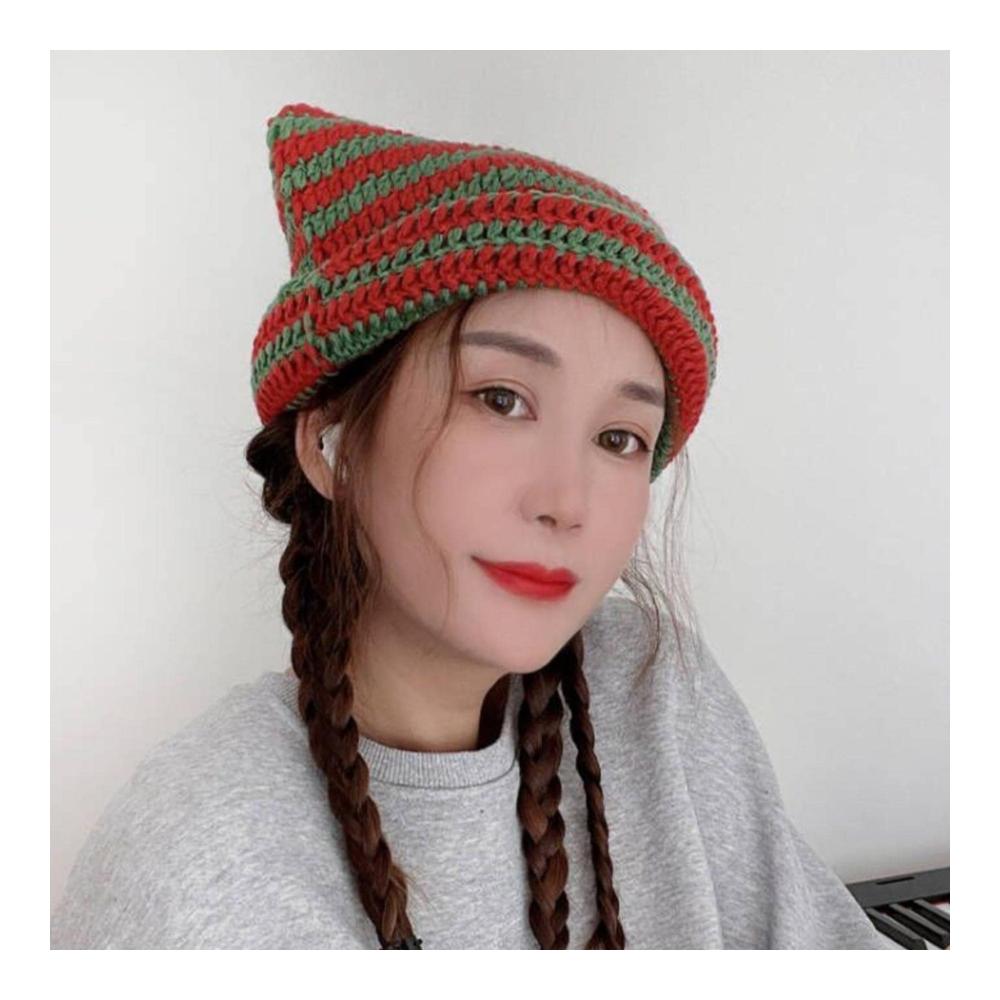 Niedliche Strickmütze mit Katzenohren für Damen und Herren - Winter-Beanie mit Streifenmuster und Thermofutter