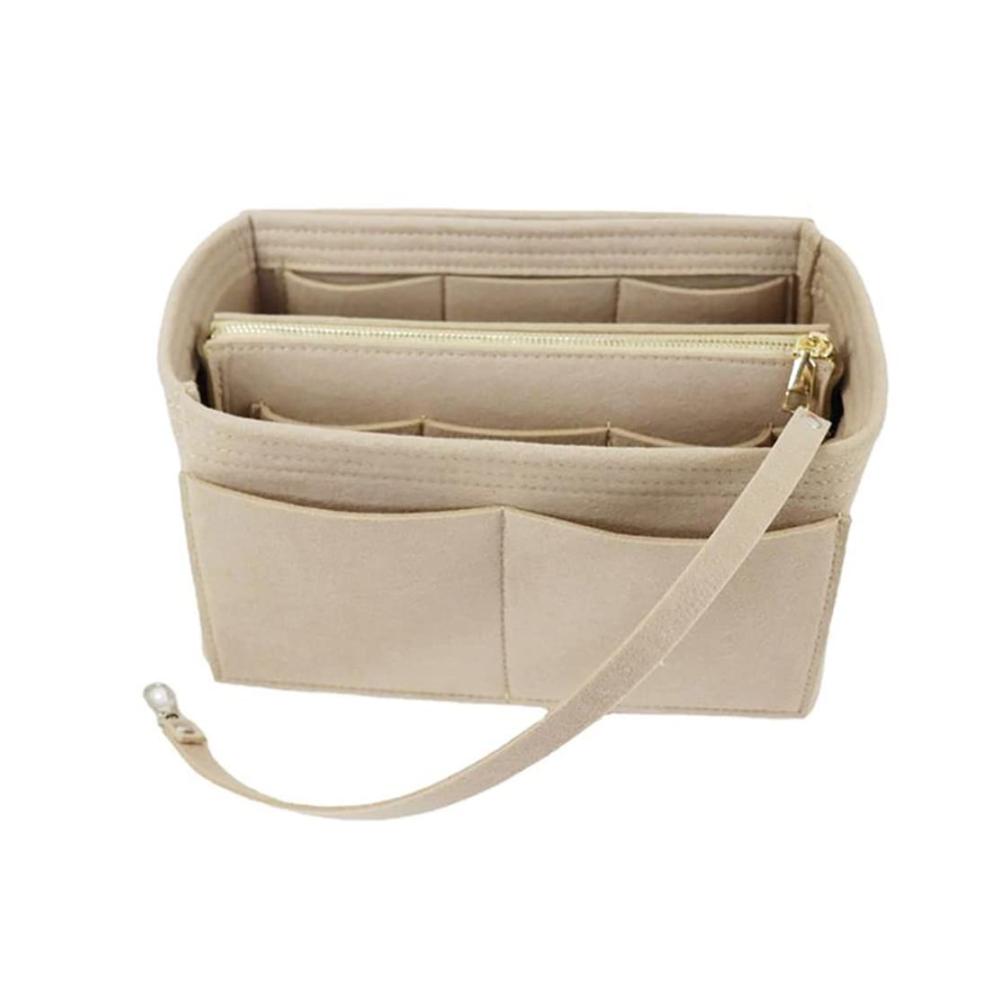 Taschenorganizer 2-in-1 Filz Handtaschen Organizer mit Reißverschluss Kosmetiktasche Abnehmbarer Tasche und Schlüsselanhänger - Damen Beige Medium