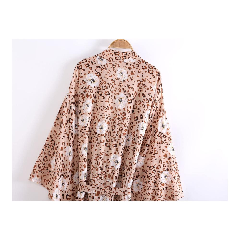 Bohemian Leopardenmuster Pareo & Strandkleider Set für Damen – Stilvoller Kimono Cardigan Mittellanger Strandrock und Trendiges Strandtop