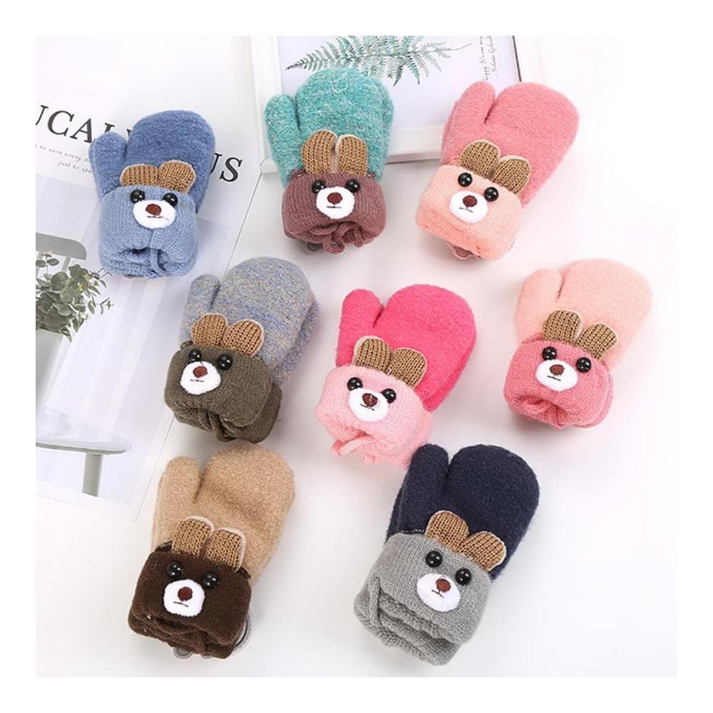 Winterhandschuhe für Kinder 4er-Pack Bär- und Cartoon-Strickhandschuhe & Fäustlinge mit Plüsch - Warme Doppelschichtige Halshandschuhe für 1-3 Jahre