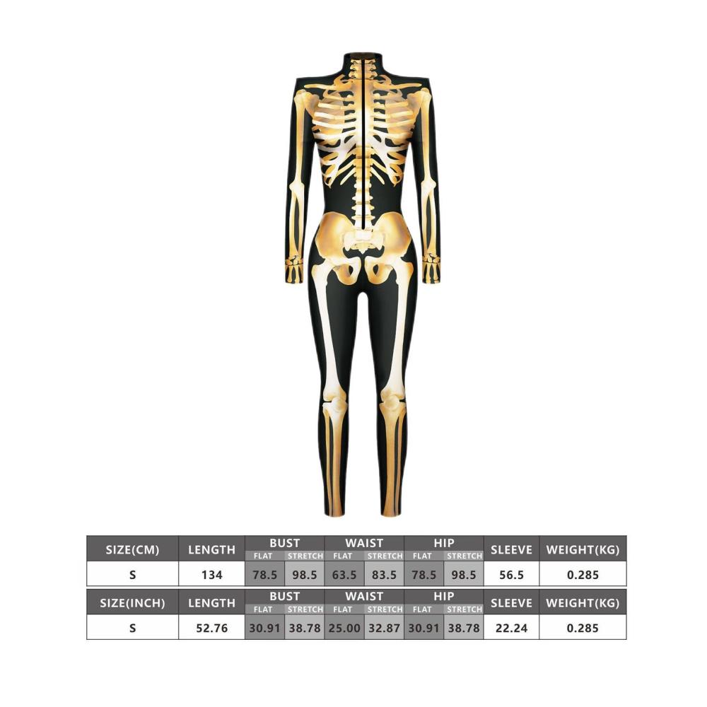 Damen Skelett Catsuit - Halloween Jumpsuit mit Langen Ärmeln und Stretch | Gruseliger Damen Skull Bone Bodysuit - Perfekt für Themenpartys