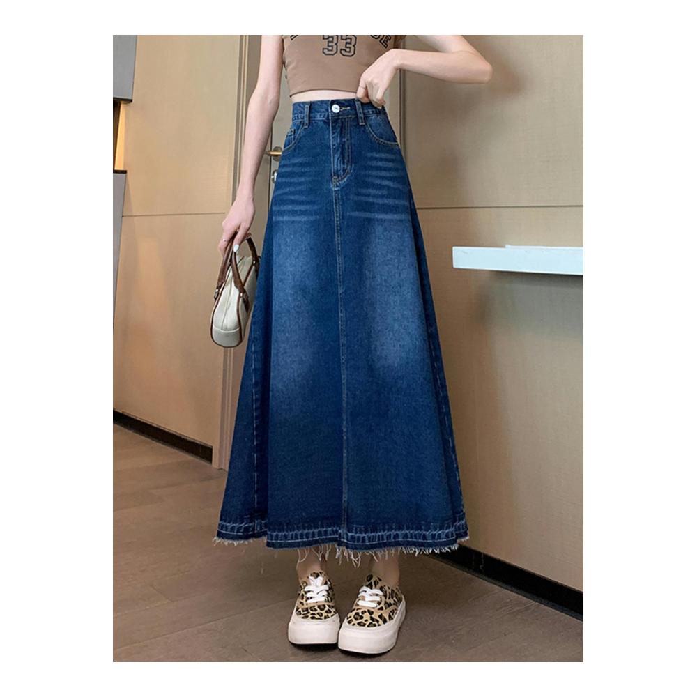 Maxi Denim Rock für Damen 2023 - Sommer Casual Style mit Quaste Taschen A-Linie Hohe Taille Jeans-Langrock