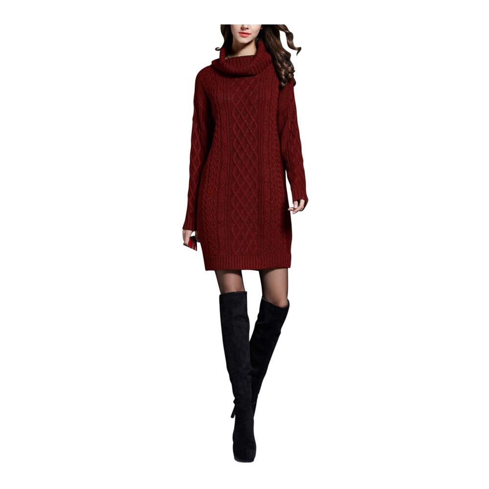 Damen Strickpullover mit Zopfmuster und Stehkragen für Herbst Winter - Elegant gestaltetes Pulloverkleid für Damen