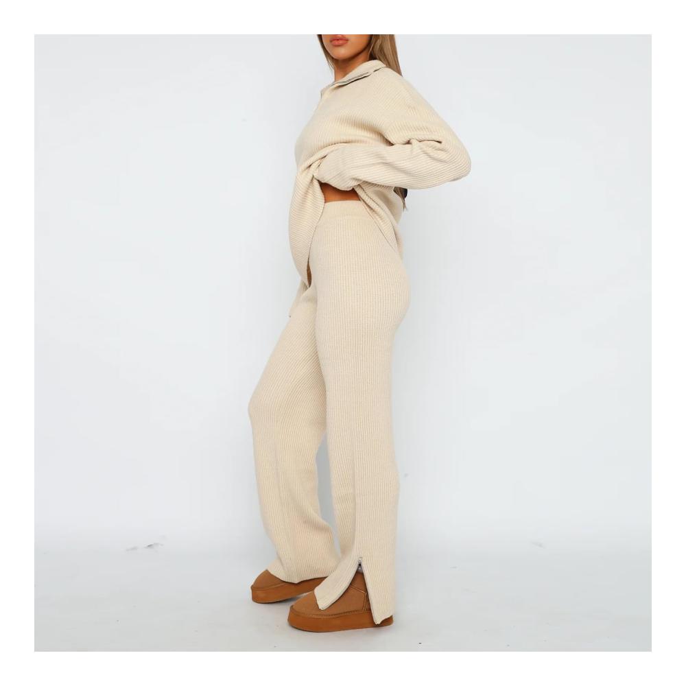 Damen Lounge Set Langarm Strickpullover & High Waist Freizeithose - Zweiteiliger Strickanzug für gemütliche Loungewear und Jogging
