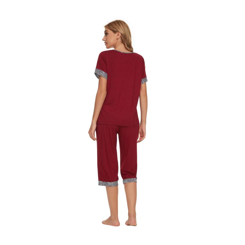 Damen Schlafanzug Kurzarm | Unifizz Nachtwäsche Set in Größe 38 | Bequeme Loungewear mit Spitzenmuster | Weinroter Pyjama für Frauen