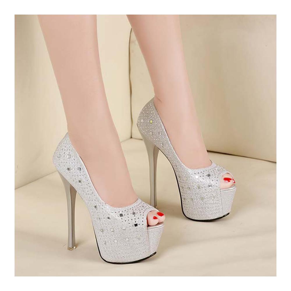 Sexy Super High Heel Peep Toe Pumps mit Acryl-Diamanten im Römischen Stil - 16 cm Nachtclub Party Hochzeit Damenschuhe
