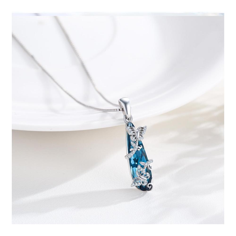 925 Sterling Silber Doppel-Schmetterlingshalskette mit Blau-Kristall-Anhänger – Elegantes Tierdesign für Damen und Mädchen