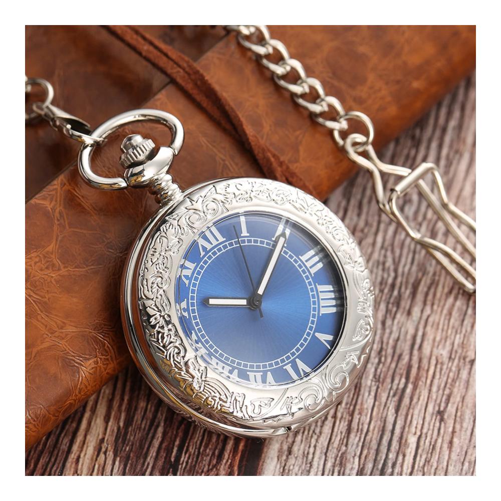 Luxuriöse Silber Taschenuhr für Herren | Automatischer Mechanismus | Blaues Römisches Zifferblatt | Selbstaufladende Anhängeruhr