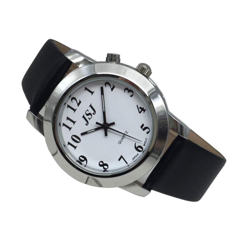 Deutsch Sprachige Armbanduhr mit Wecker Datum Weißem Ziffernblatt und Schwarzem Lederarmband - Moderne Armbanduhren mit Sprachfunktion für klare Zeitansagen