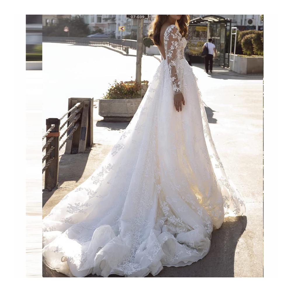 Langarm Hochzeitskleid mit Tüllsplit - Elegantes Damen Ballkleid
