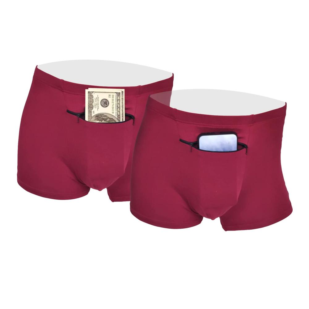 Pickpocket-Proof Boxer Briefs 2-Pack Mens Burgundy Underwear with Secret Hidden Pocket for Travel Security