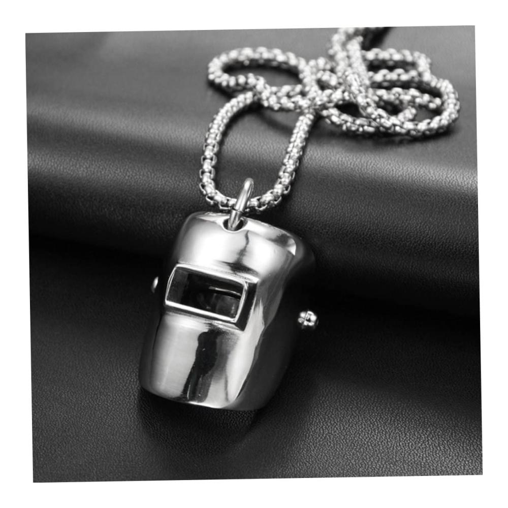 HipHop Edelstahl Halskette Set mit Schweißhelm-Anhänger - Glänzender Schmuck für Männer und Frauen (Silber
