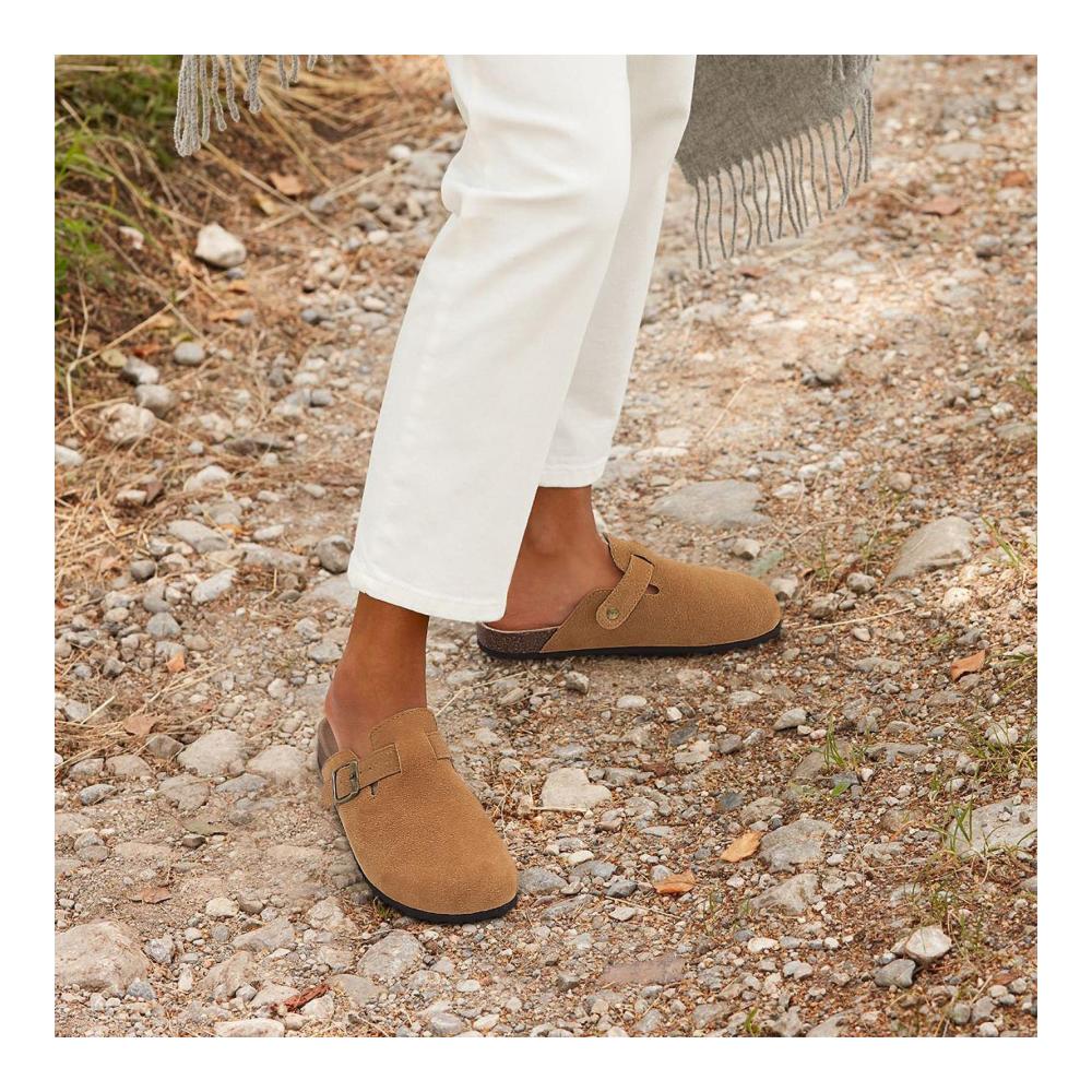 Damen Wildleder Clogs - Stilvolle Pantoletten mit Korksohle Fußgewölbeunterstützung und Strand-Flair