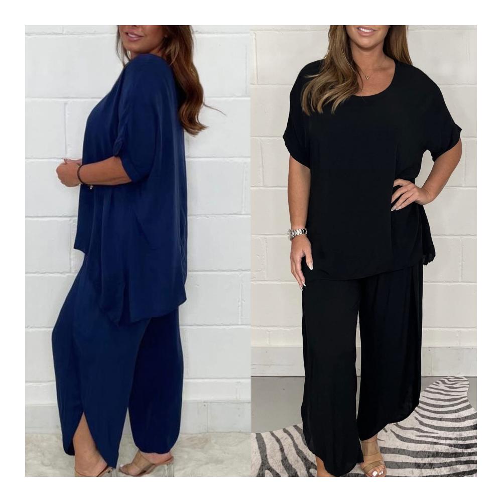 Elegante Damen Sommer Jumpsuits 2-teiliges Kurzarm-Hosenset mit Weitem Bein Elastischem Bund und Rundhalsausschnitt
