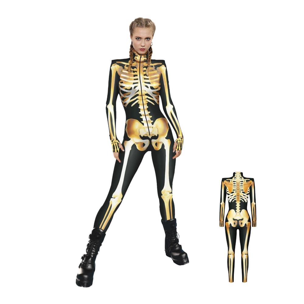 Damen Skelett Catsuit - Halloween Jumpsuit mit Langen Ärmeln und Stretch | Gruseliger Damen Skull Bone Bodysuit - Perfekt für Themenpartys