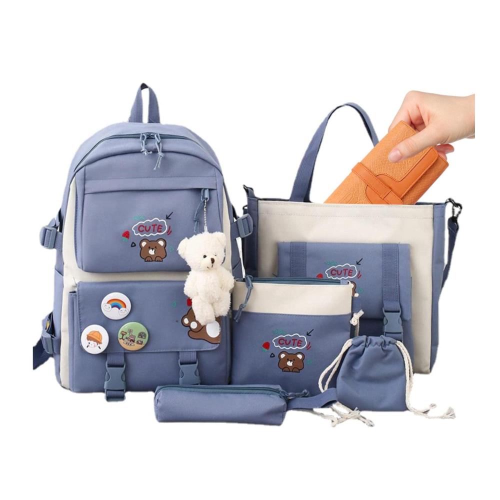 Kawaii Schulrucksack Set – 5-teiliges Ensemble mit Bärenanhänger Canvas Schultaschen ästhetischem Design für Teenager Mädchen – Rucksack Tragetasche Umhängetasche Federmäppchen inklusive