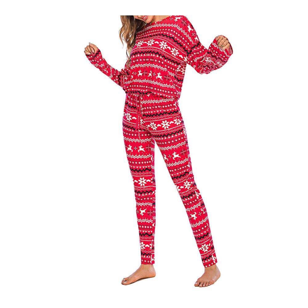 Damen Schlafanzug Weihnachten 2-teiliges Set mit Rentier- und Schneeflocken-Print lockerer Schnitt elastischer Jumpsuit für gemütliche Nächte Zuhause