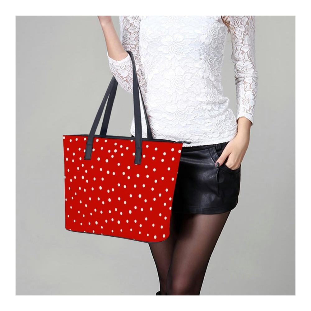 Elegante Handtasche aus Pebbled PU Leder perfekt für Business und Freizeit | Rot Weiß Runde Punkte Muster | 29*34*14cm