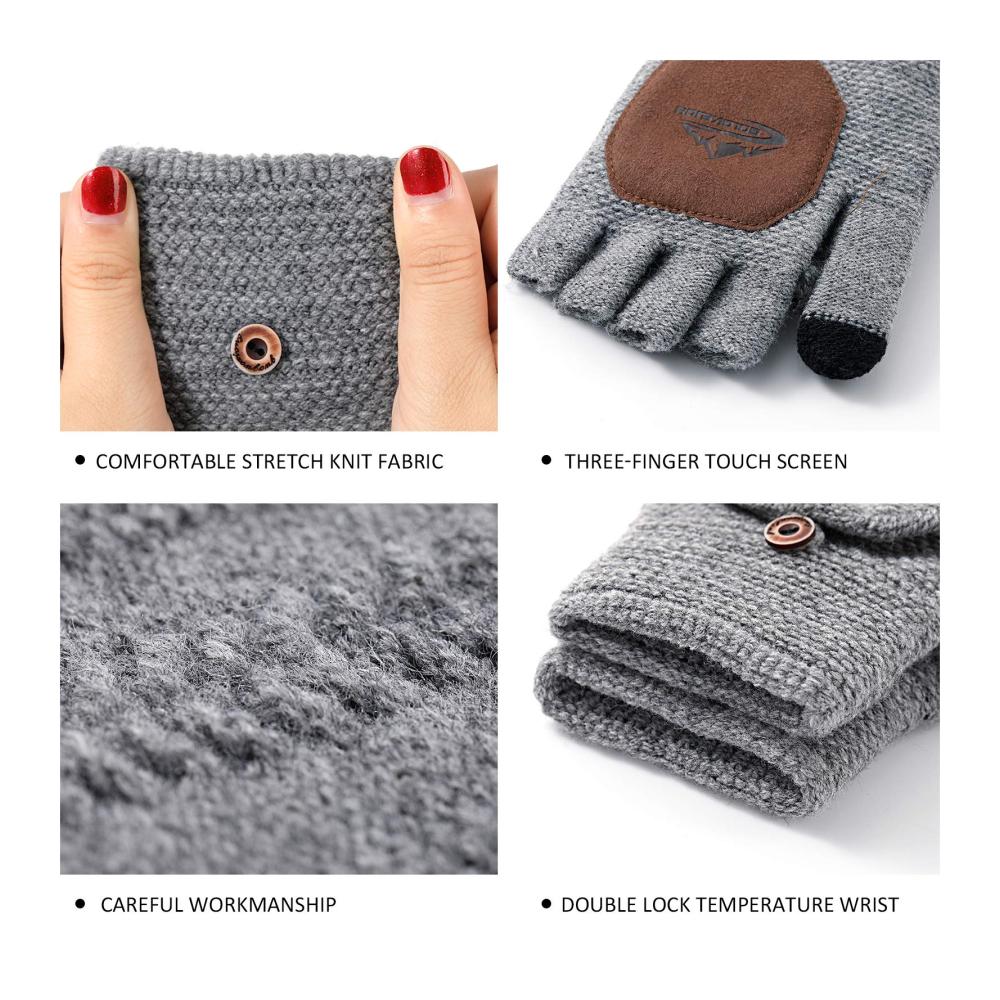 Homealexa Winter Handschuhe für Damen und Herren - Fingerlose Strickhandschuhe mit Flip-Top und Baumwollfutter Warme Halbfingerhandschuhe für Herbst und Winter