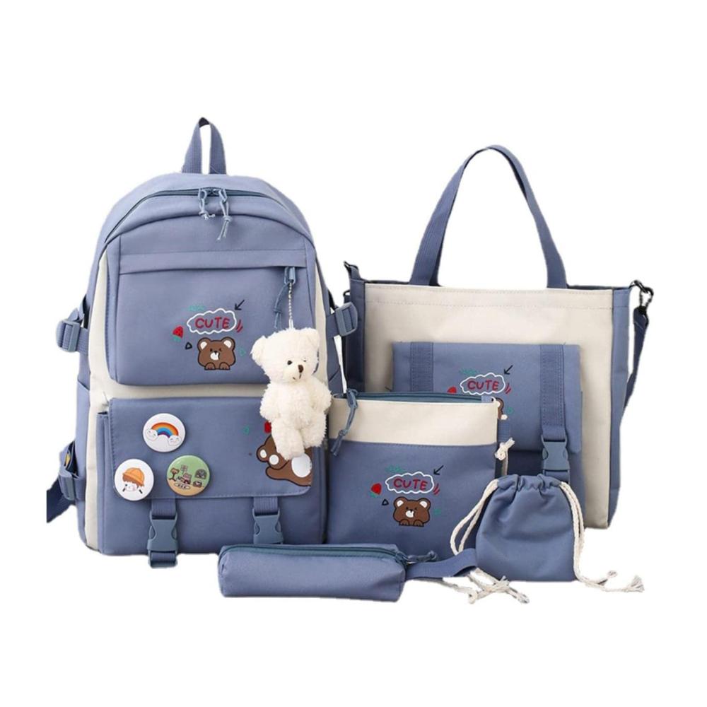 Kawaii Schulrucksack Set – 5-teiliges Ensemble mit Bärenanhänger Canvas Schultaschen ästhetischem Design für Teenager Mädchen – Rucksack Tragetasche Umhängetasche Federmäppchen inklusive