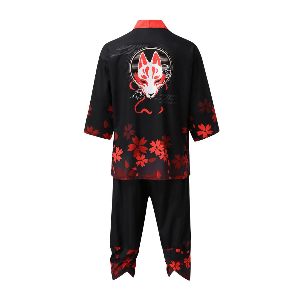 Bademäntel Kimono Set Herren - Sommerlicher Japanischer Stil Mehrfarbiger Druck Lockerer Cardigan mit 3/4-Ärmeln Bunte Nationalmuster Bademantel & Baggy Nachthemd Strandhemd T-Shirt Set