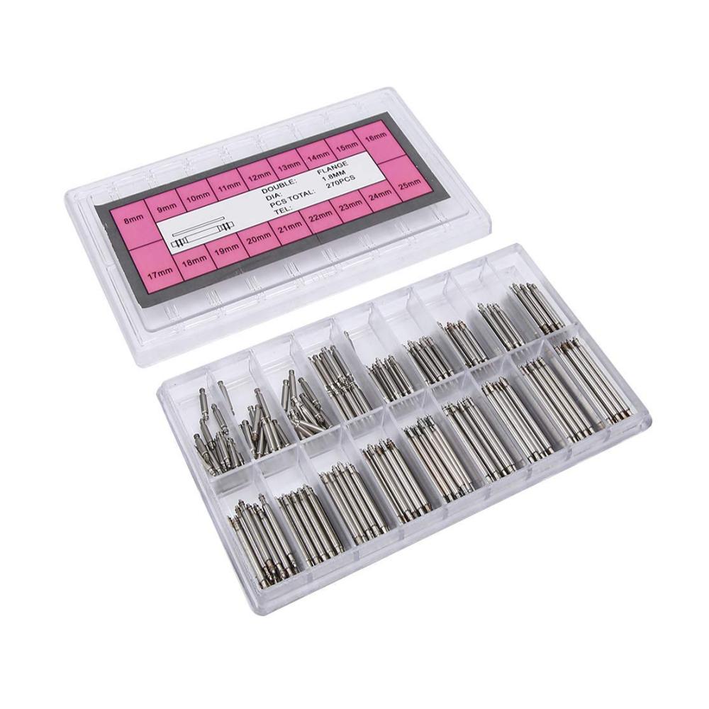 Federstege Set 18mm Durchmesser - 270 Stück Uhrenarmband Stifte 8-25mm Gliederstifte für Uhrenarmbänder inkl. Uhrenarmband Gliederstifte Entferner - Professionelles Uhrenreparatur Zubehör für Uhrmacher