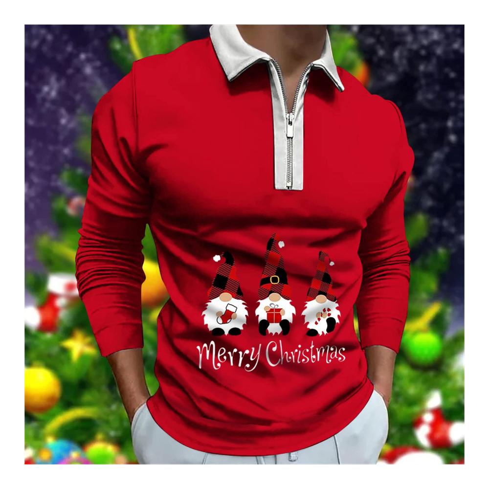 Weihnachtshemden Herren - Festliche Langarm T-Shirts mit Revers und Zipper Casual Print Tops S-3XL