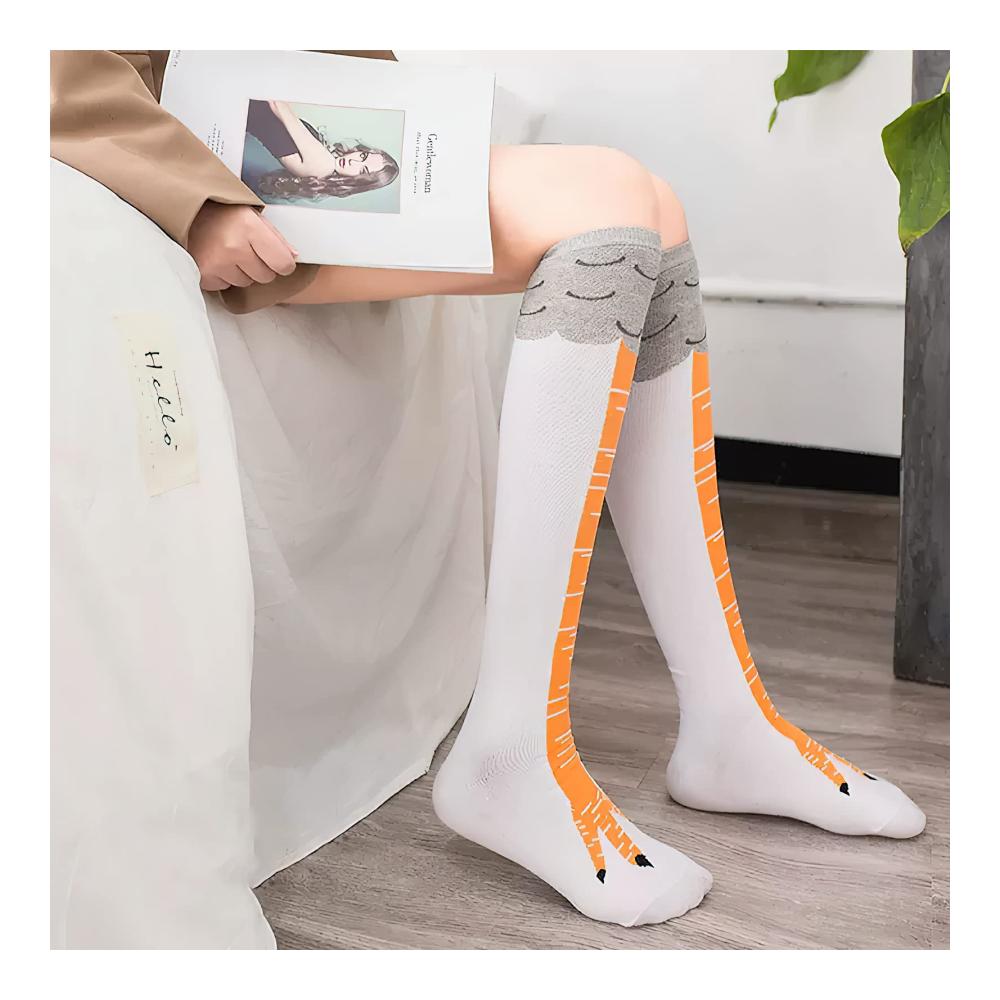 DAWRIS Damen Kniestrümpfe Lustige Hühnerfüße Cartoon-Socken (3 Paare) - Winterwarme Strickstrümpfe über dem Knie für Geschenke und Spaß
