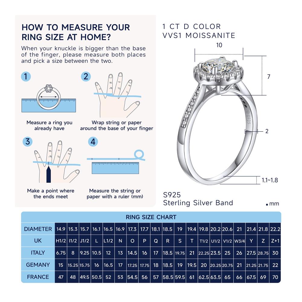 1 Karat Moissanite Diamant Silberring - Damen Verlobungsring mit Halo Design & Geschenkbox