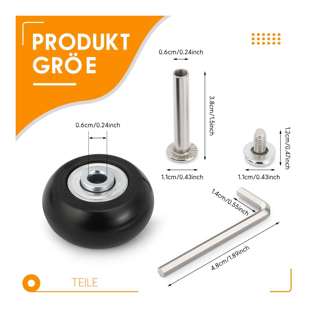 Gepäckrollen-Set 4 Universal-Ersatzräder für Koffer & Trolleys mit Montagewerkzeug - Schwarz (40mmx18mm