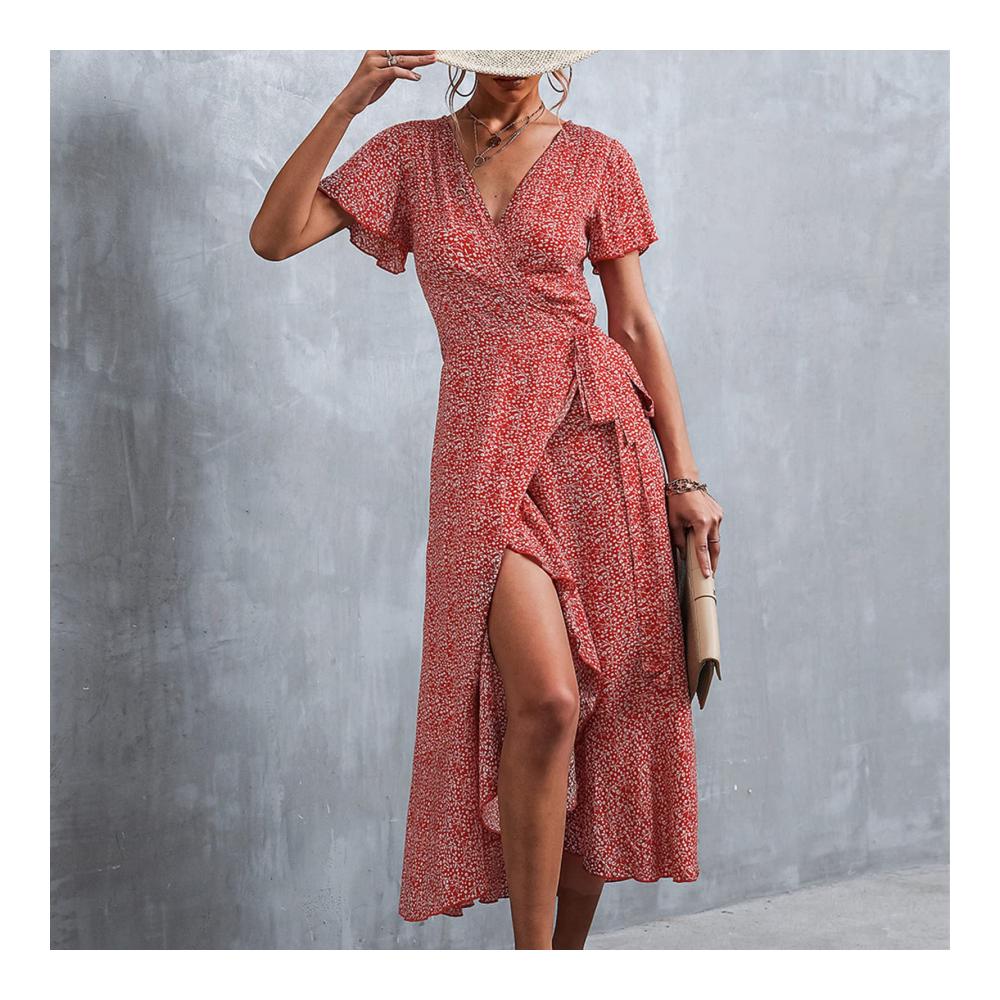 Blumenmuster Sommerkleid mit V-Ausschnitt & Wickelstil - Asymmetrischer Saum Rüschenärmel - Ideal für Strand & Freizeit