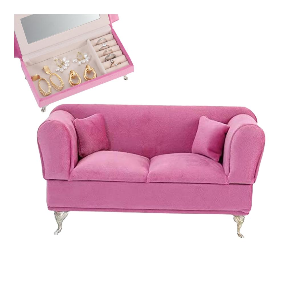 Edle Schmuckkästen im Sofastil – Juwelierbox für 1/6 Puppenmöbel mit Spiegel samtiger Stoff und Deckelschmuckschachteln für Damen und Mädchen eleganter Stauraum
