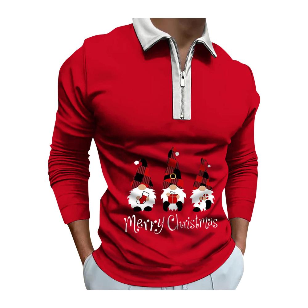 Weihnachtshemden Herren - Festliche Langarm T-Shirts mit Revers und Zipper Casual Print Tops S-3XL