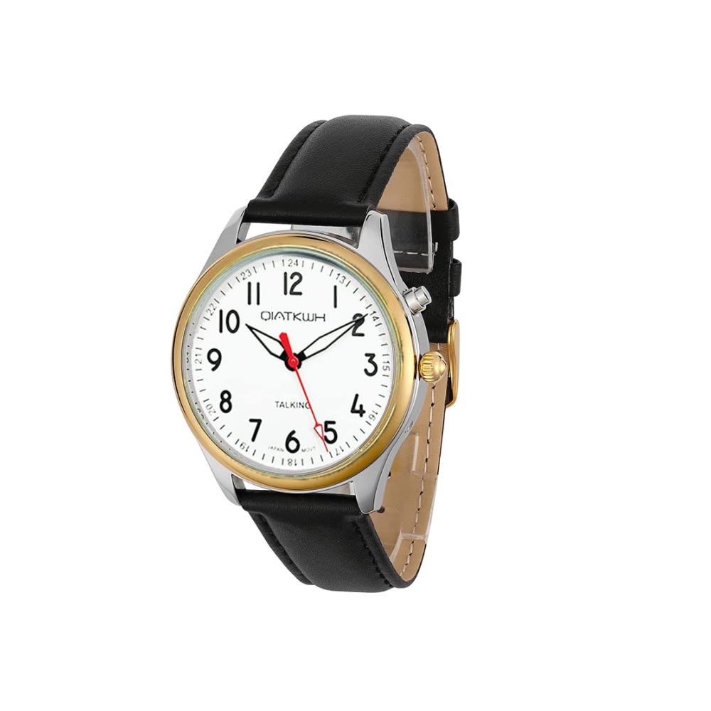 Goldene Herren Armbanduhr mit Doppelfarbschale schwarzes Lederarmband - QIATKWH Deutsche Sprechende Uhr in stilvollem Design