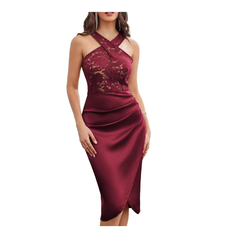 Grace Karin Damen Spitzen Partykleid Neckholder Abendkleid Wickelsaum Gerüscht Figurbetont
