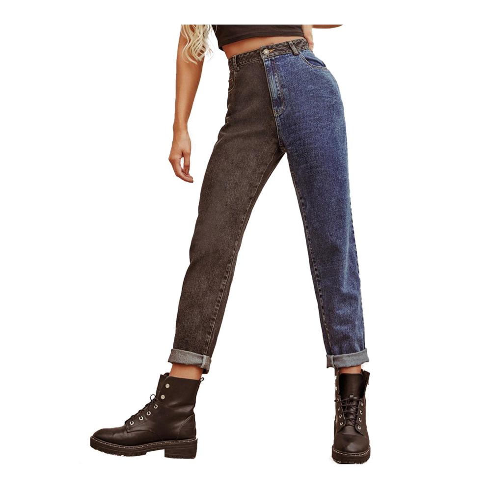 Damen High Waist Jeanshose - Straight Leg Instant Relaxed Fit in Schwarz-Blau Two Tone Denim