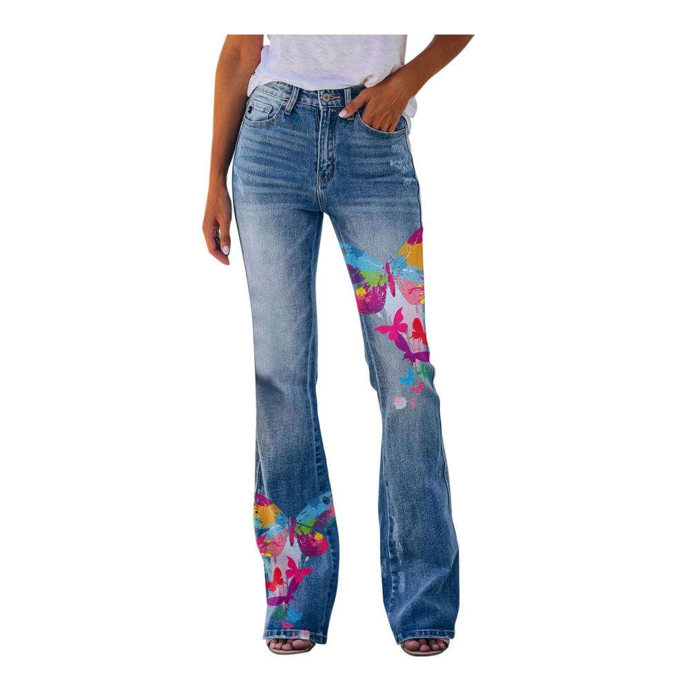 Weiße Damen Jeanshose mit bedrucktem Muster - Größe 46 Stretch-Material lockerer ausgestellter Saum Viskose-Damenhose