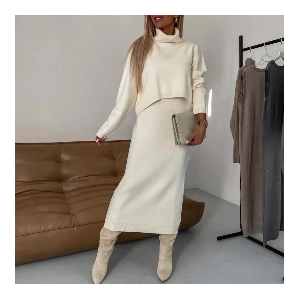 Midi Dress and Turtle Neck Sweater Set - Womens 2 Piece Outfit with Long Sleeve High Neck Knit Top and Bodycon Sweater Dress