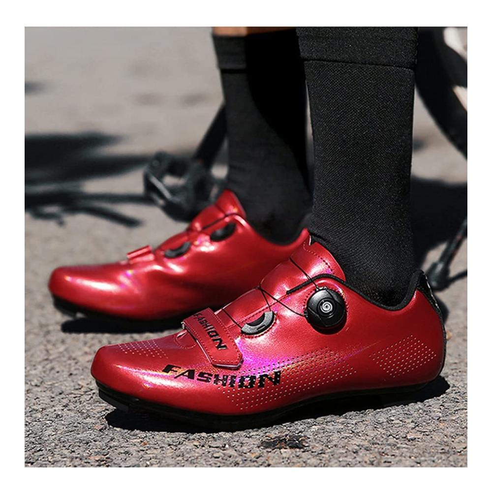 Rennrad-Schuhe Atmungsaktive Fahrradschuhe aus glattem Spiegelmaterial mit Reflektoren Anti-Rutsch-Sohle und Drehschnallen-Verschluss für Herren und Damen (Rot Größe 41 EU